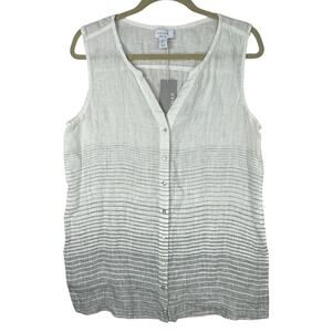 Kenar Top Womens Size Large Linen Sleeveless Button Front Gauze Striped Coastal